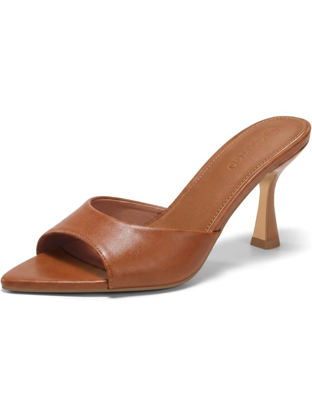 Womens Brown Faux Leather Kitten Heeled Mules Pointed Open Toe Heeled Sandal